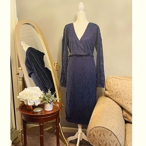 Long sleeve lace dress in navy with tie waist